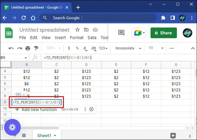 نحوه محاسبه درصد تغییرات Google Sheets