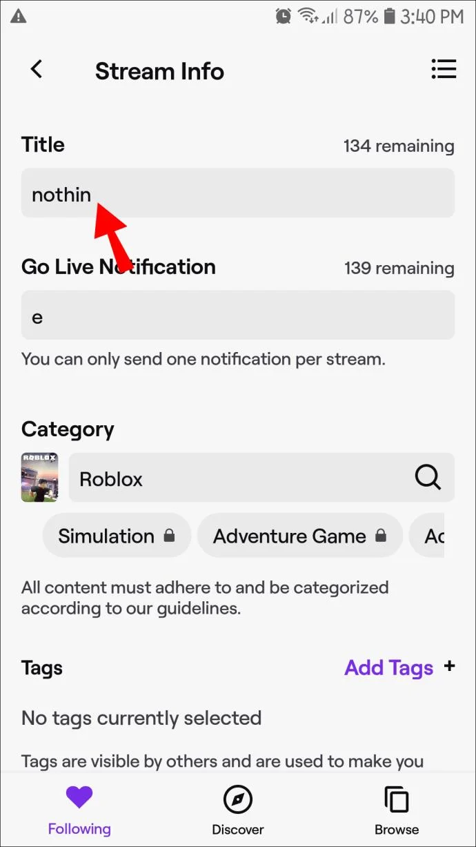 نحوه تغییر عنوان استریم در Twitch