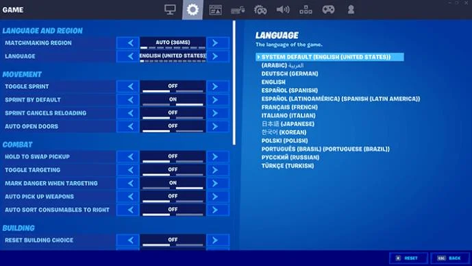 نحوه تغییر زبان در Fortnite