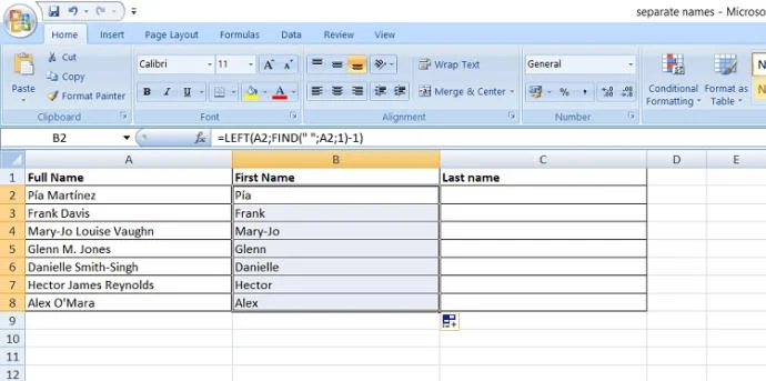 So trennen Sie Vor- und Nachnamen in Excel