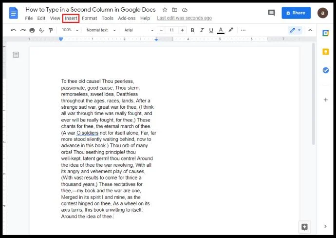 Come creare due colonne in Google Docs