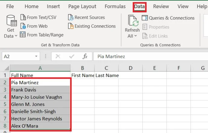 So trennen Sie Vor- und Nachnamen in Excel
