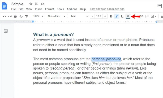 نحوه تغییر رنگ پیوندها در Google Doc