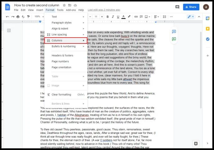 Come creare due colonne in Google Docs