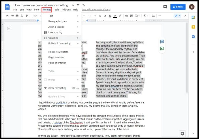 Come creare due colonne in Google Docs