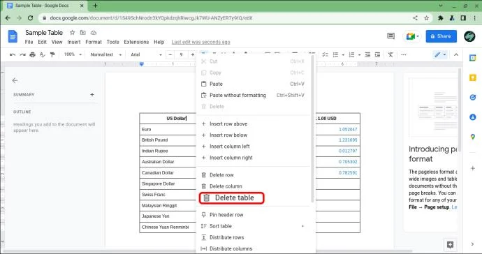نحوه حذف یک جدول در Google Docs