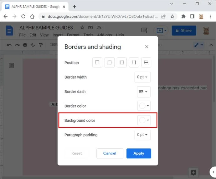 نحوه تغییر رنگ پس زمینه در Google Doc