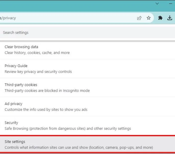 Paramètres du site Chrome