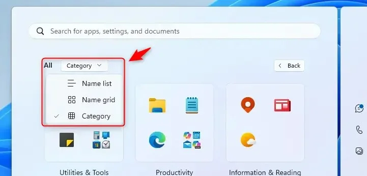 How to adjust All app view on Windows 11 Start menu