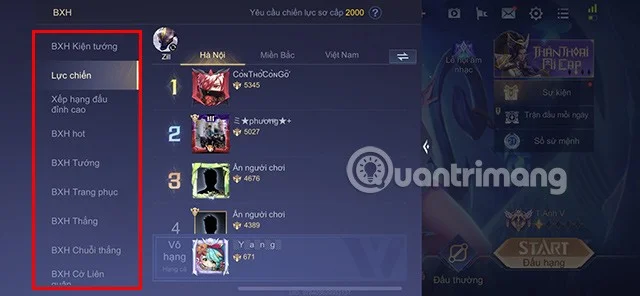Instruções sobre como visualizar o poder de combate do Lien Quan Mobile