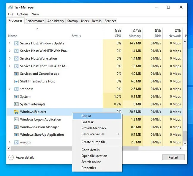 Donmuş bir Windows Gezgini nasıl yeniden başlatılır