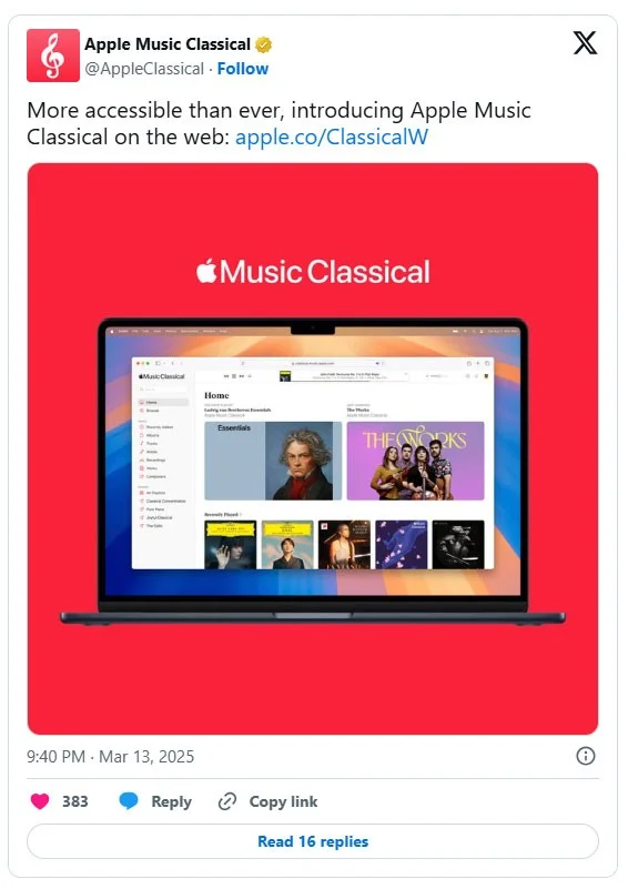 Apple Music Classical is nu beschikbaar op het web