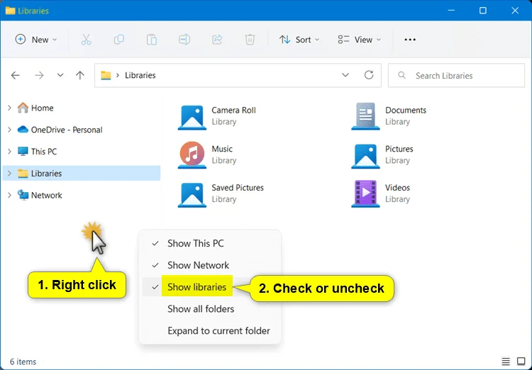 Dosya Gezgini'nde Kitaplıklar Nasıl Eklenir/Kaldırılır Windows 11