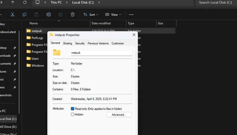 Microsoft warns against deleting the “inetpub” folder on Windows 11