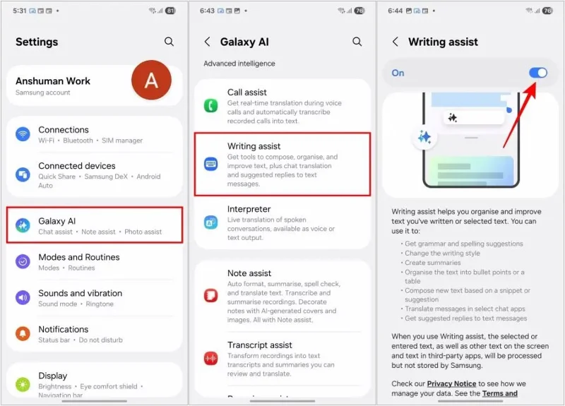 Cómo usar el Asistente de escritura con IA en Samsung