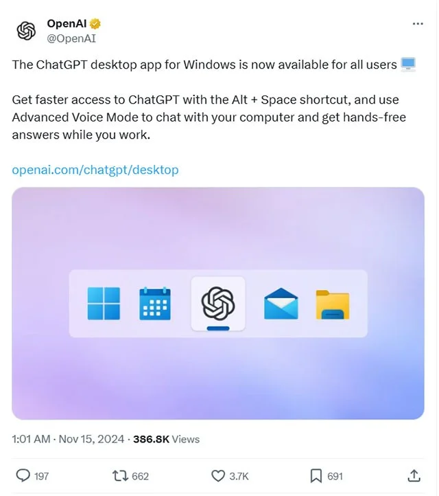 ChatGPT App for Windows Officially Launched