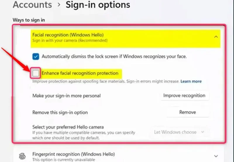 Instruções para habilitar o anti-spoofing no Windows 11
