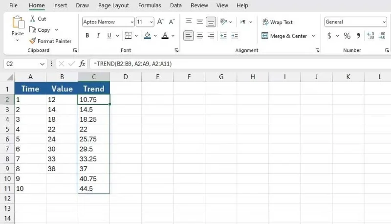 De TREND-functie in Excel gebruiken