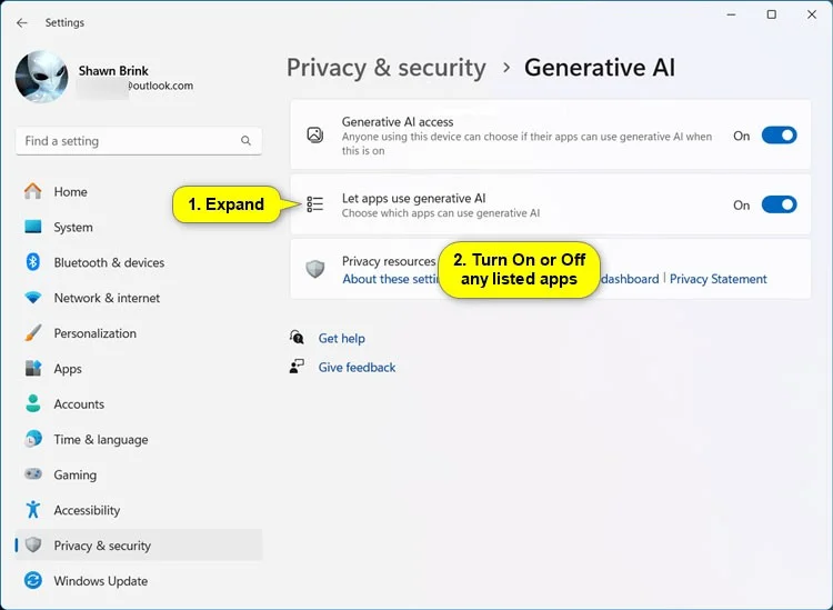 Windows 11'de Generative AI'ya uygulama erişimi nasıl etkinleştirilir/devre dışı bırakılır