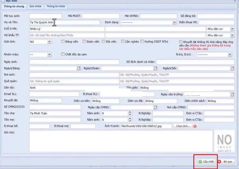 VnEdu'da öğrenci bilgilerini değiştirme talimatları