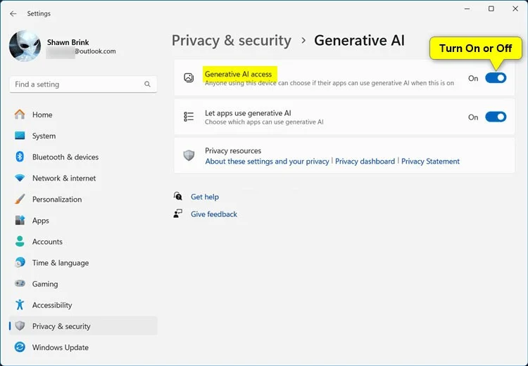 Windows 11'de Generative AI'ya uygulama erişimi nasıl etkinleştirilir/devre dışı bırakılır