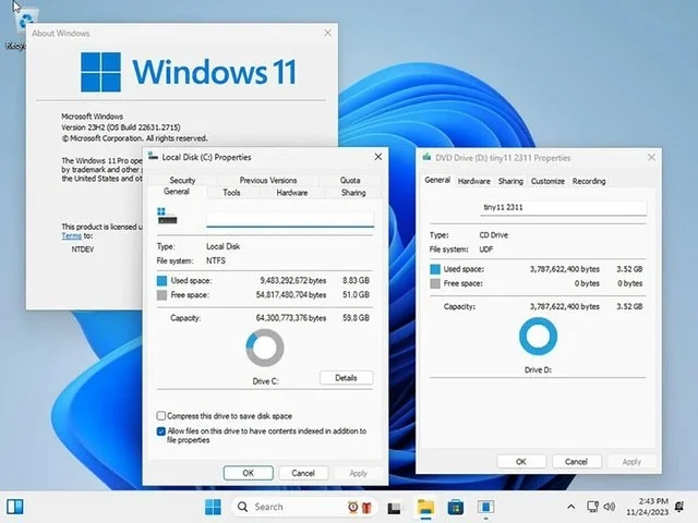La versión súper reducida de Windows 11 tiene un tamaño de poco más de 100 MB