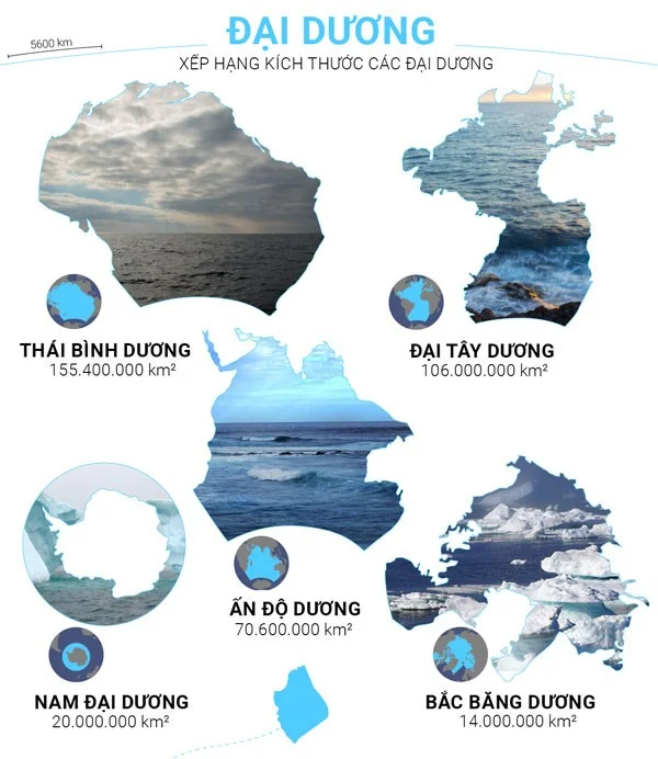 Rangschikking van 's werelds grootste oceanen, zeeën, rivieren en meren