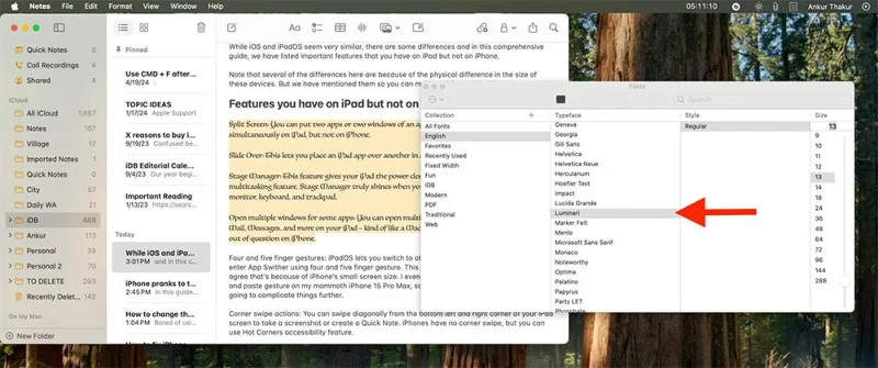 How to use different fonts in Apple Notes
