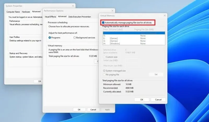 Instruções para alterar o tamanho e a localização do arquivo de paginação no Windows