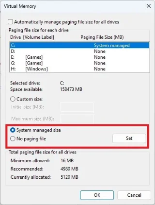 Instruções para alterar o tamanho e a localização do arquivo de paginação no Windows