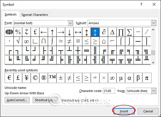 Hoe u pijlsymbolen (↑↓←↕↔→↘↗↙↖) in Word invoegt en schrijft
