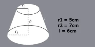 Formule voor het berekenen van het laterale oppervlak van een afgeknotte kegel, het totale oppervlak van een afgeknotte kegel, het volume van een afgeknotte kegel