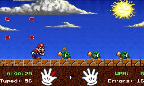 Esercitati a digitare con 10 dita con Mario Teaches Typing online, un gioco di pratica di digitazione estremamente attraente
