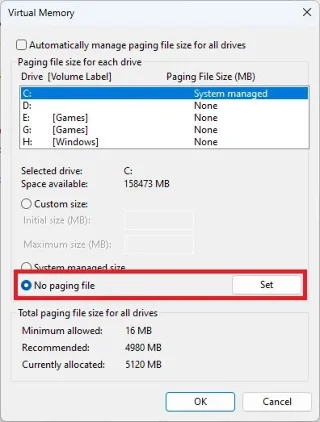 Instruções para alterar o tamanho e a localização do arquivo de paginação no Windows