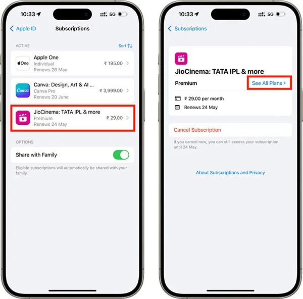 Instruções para alterar pacotes de assinatura de aplicativos na App Store