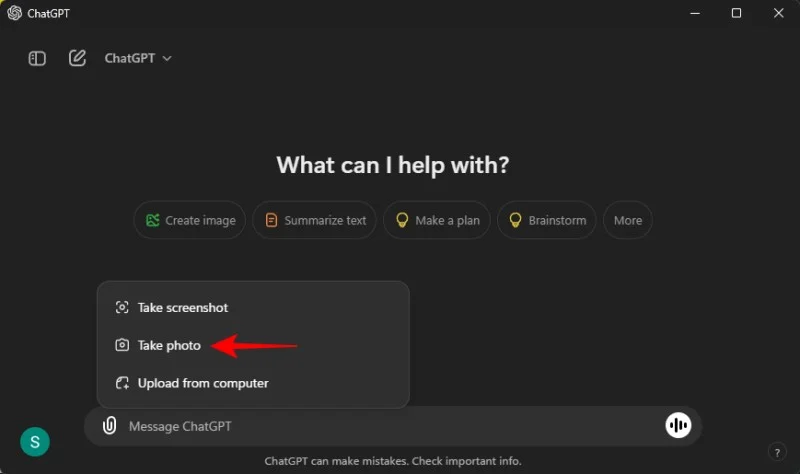 Instruções para tirar fotos usando o ChatGPT no computador