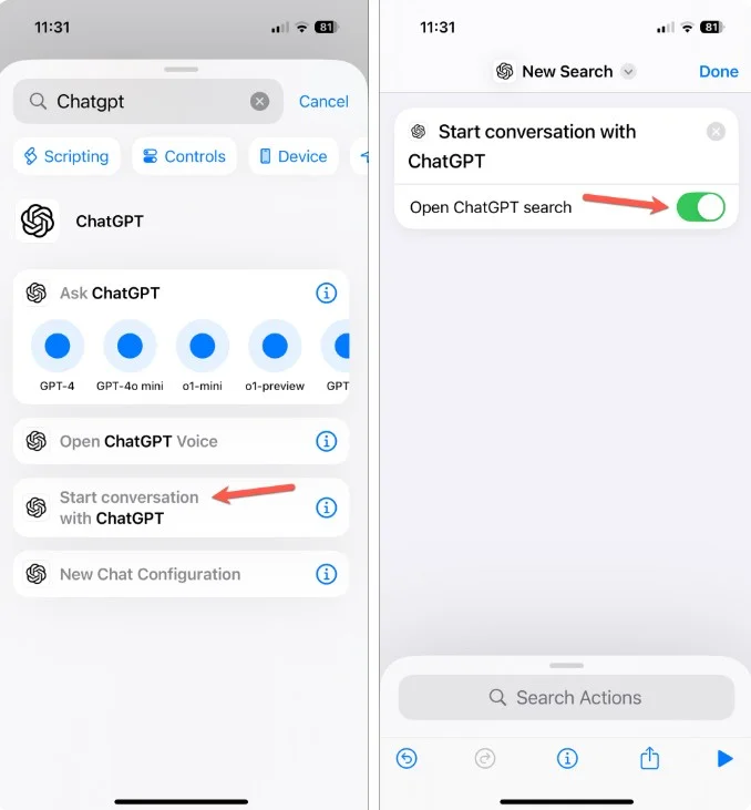 Instruções para criar atalhos de pesquisa do ChatGPT no iPhone