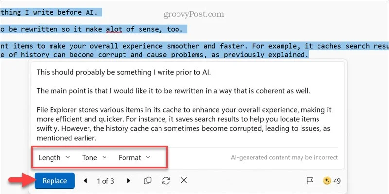 AI kullanarak Not Defteri metnini yeniden yazma talimatları