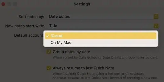 Apple Note'ta varsayılan hesabı değiştirme talimatları