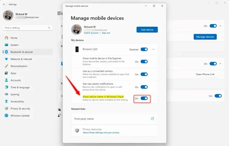 How to enable or disable associated device names in Windows Share