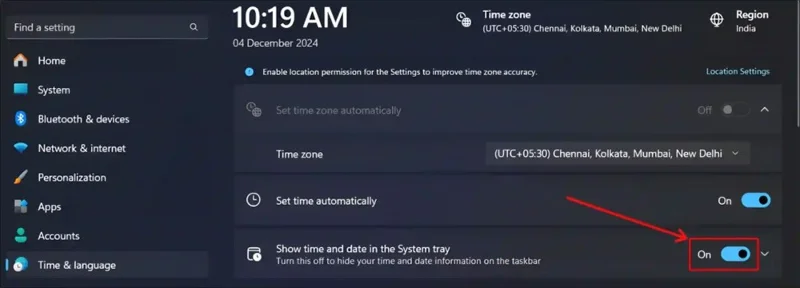 Instruções para ocultar data e hora da barra de tarefas do Windows 11