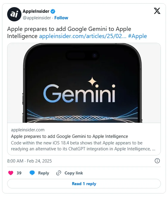 Apple pourrait se préparer à intégrer Gemini dans Apple Intelligence