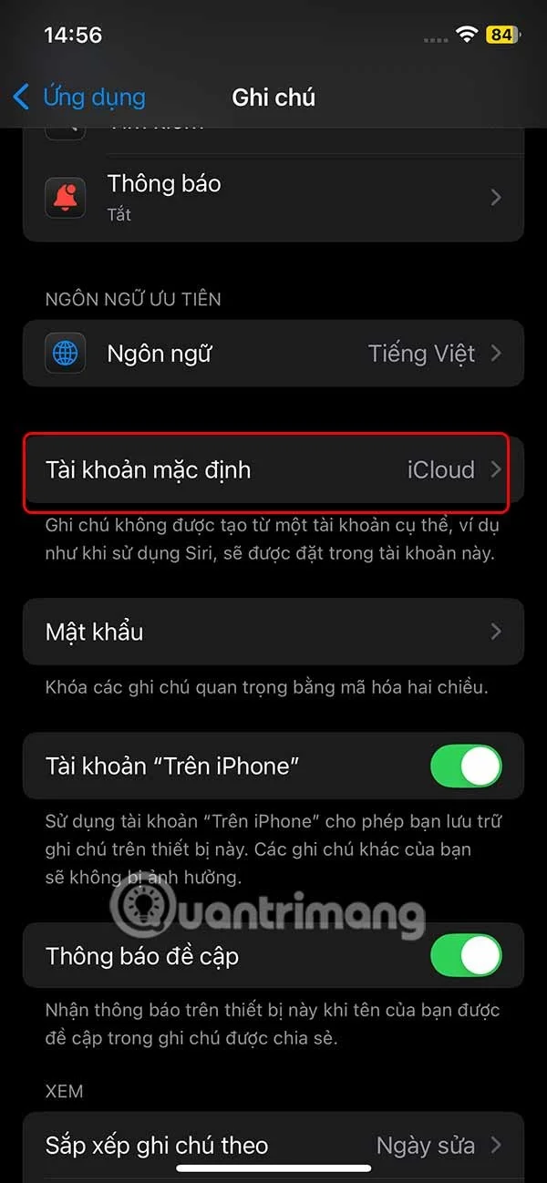 Apple Note'ta varsayılan hesabı değiştirme talimatları