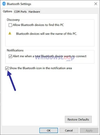 Hoe het ontbrekende Bluetooth-pictogram op de Windows-taakbalk weer te geven