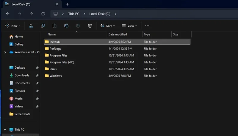 Microsoft warns against deleting the “inetpub” folder on Windows 11