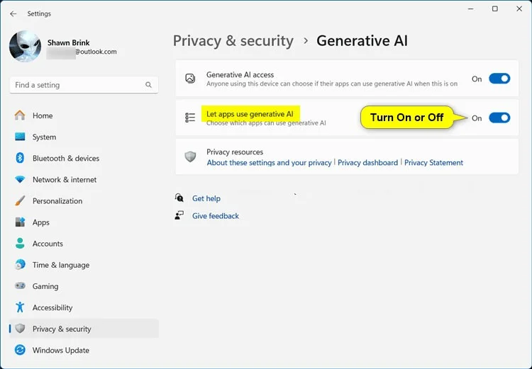 Windows 11'de Generative AI'ya uygulama erişimi nasıl etkinleştirilir/devre dışı bırakılır