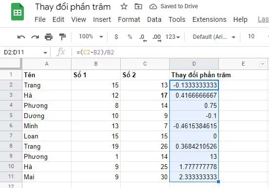 How to calculate percentage (%) in Google Sheets
