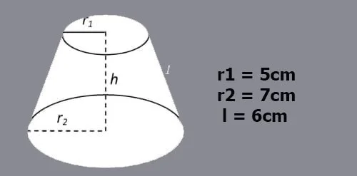 Formule voor het berekenen van het laterale oppervlak van een afgeknotte kegel, het totale oppervlak van een afgeknotte kegel, het volume van een afgeknotte kegel