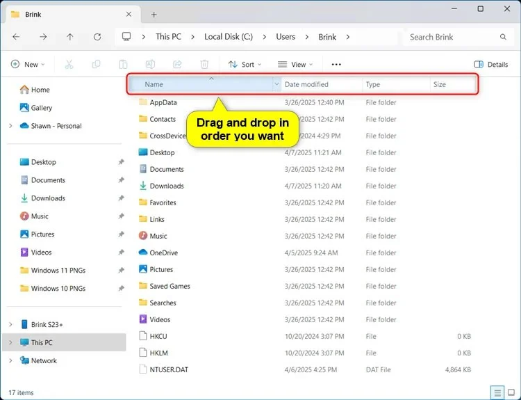 Dosya Gezgini'nde Sütunlar Nasıl Yeniden Düzenlenir Windows 11