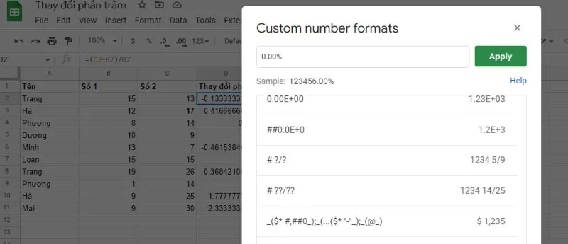 How to calculate percentage (%) in Google Sheets
